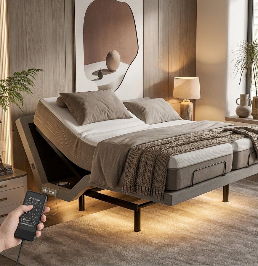 Adjustable bed in a modern bedroom setup